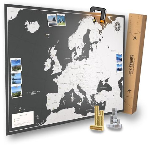VACENTURES Magnetische Pinnwand Europakarte inkl. 2 x 15 magnetische Pins I Markiere Deine Reiseziele I Sammel Fotos und Magnete I Magnet Poster (XL (84x59cm))