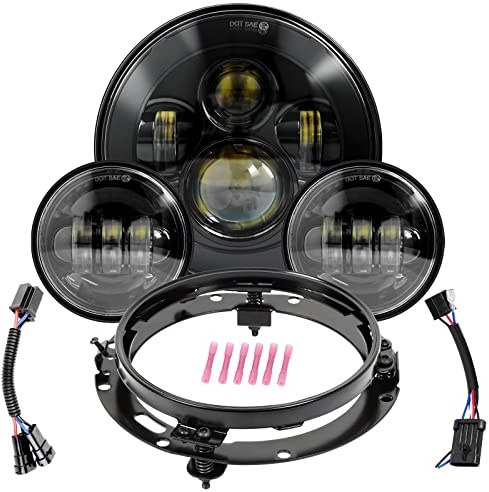 Wisamic Motorcycle LED Headlight 7inch, 4.5 inch Passing Lamps Fog Lights and Mounting Ring, Compatible with Harley Davidson Road King Ultra Classic Electra Street Glide Softail Deluxe Fatboy (Black)