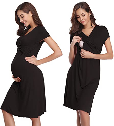 Irdcomps Camisón Lactancia para Mujeres Camisones Embarazada Verano Ropa para Dormir para premamá Maternidad Hospital(Negro,XL)