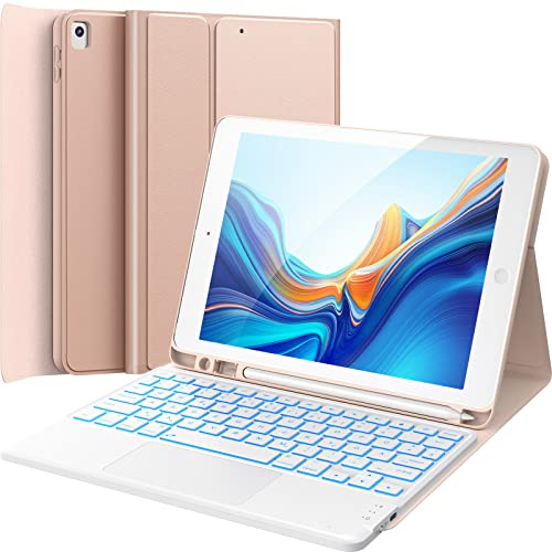 CHESONA Tastatur Hülle für iPad 10.2 Zoll 9/8/7 Generation | 7-Farbige Beleuchtung, 2 BT Kanäles, Wiederaufladbar Abnehmbare QWERTZ Tastatur, Rosé
