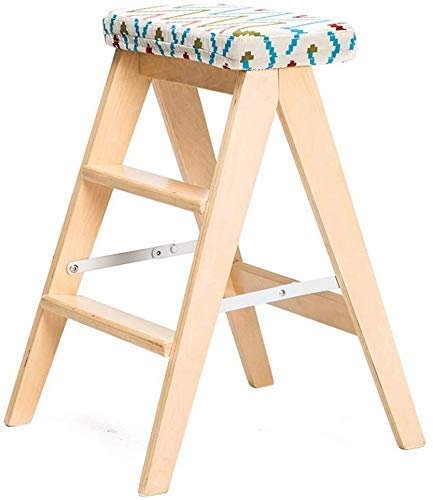 AYVADA Leiterleiter/Leiter/Klappstuhl mit 3 Stufen, Reinigungsstuhl aus Holz, Leiterstufe, weißer Schwammsitz, hoher Hocker, Gartengerät, Höhe 65 cm, strapazierfähig, max. 120 kg (Größe: Holz)