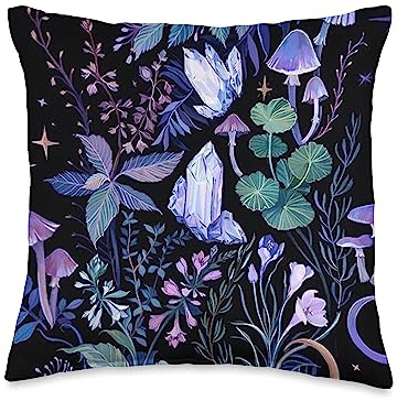 Vintage Witchy Magical Crystals Purple Boho Mushroom Throw Pillow