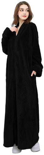 Hellomamma Manteau d'hiver chaud en peluche pour femme avec fermeture éclair - Long peignoir en polaire pour femme - Avec fermeture éclair, Noir, L
