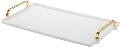 PATIKIL Plateau de Service en Plastique Avec Poignée Dorée, 16,1 x 8,7 Rectangulaire Moderne Décoratif pour Bijoux, Comptoir, Salle de Bain, Cuisine - Blanc, Réutilisable