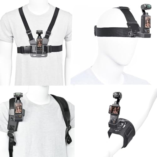 Fotoleey Kit de Montage 4-en-1 Compatible avec DJI Osmo Pocket 3 / Pocket 4 - Harnais de Poitrine, Bandeau de Tête, Clip de Sac à Dos et Bracelet de Poignet, Accessoires de Vlogging POV Mains Libres