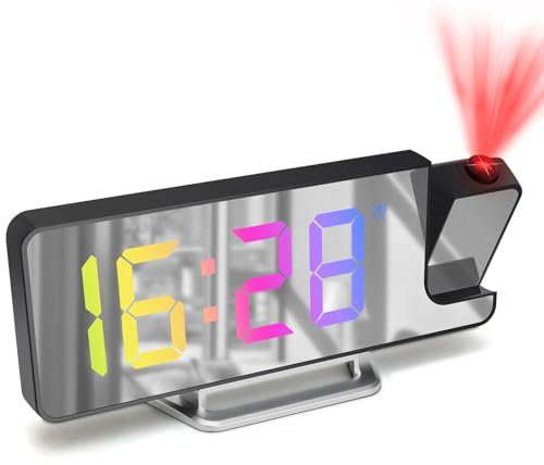 Cuteefun Projektionswecker, Projektion Uhr mit LED Bildschirm, Projektionsuhr mit Temperatur, Snooze, Einstellbare Helligkeit, 12/24H Anzeige, Wecker Digital mit Deckenprojektion, Bunte Ziffern
