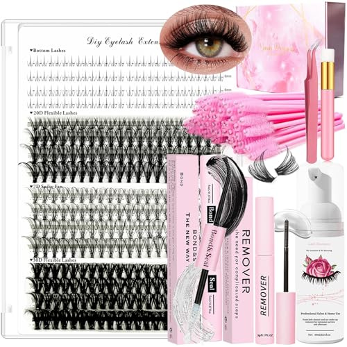 DNSGOOR DIY Wimpern Extensions Kit 336Pcs D Curl 4 Stile Individuelle,mit Untere Wimpern,Wimpernkleber und Sealer Kleber Entferner Lash Shampoo Reinigung Pinzette