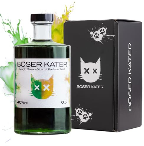 BÖSER KATER Magic Green Gin | Farbwechsel-Effekt von Grün zu Gelb-Orange | Das perfekte Geschenk in hochwertiger Geschenkbox | Handgemacht mit fruchtigem Citrus-Geschmack 0,5l 40% Vol.