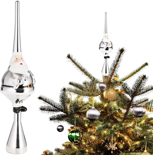 BRUBAKER Weihnachtsbaumspitze Dicker Santa - Christbaumspitze glänzend | 35 cm große Baumspitze Weihnachtsmann - Weihnachtsbaum Spitze - Tannenbaum Deko Weihnachten - Tannenbaumspitze - Silber