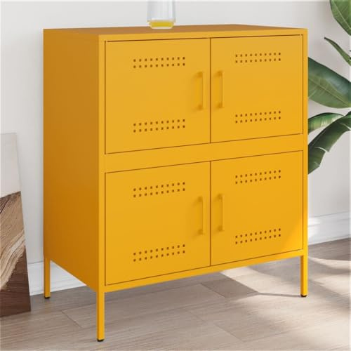 prissent Sideboard Aufbewahrungsschrank Beistellschrank Buffetschrank für Wohnzimmer Schlafzimmer oder Küche Metallgestell Mehrzweckschrank Industrie-Stil Senfgelb 68x39x79 cm