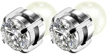 JewelryWe Magnetörhängen pärlörhängen för kvinnor: 6 mm vita pärlor zirkonia rostfritt stål magnetiska örhängen falska piercing örhängen magnetörhängen utan öronhål klämma på örhängen smycken silver,