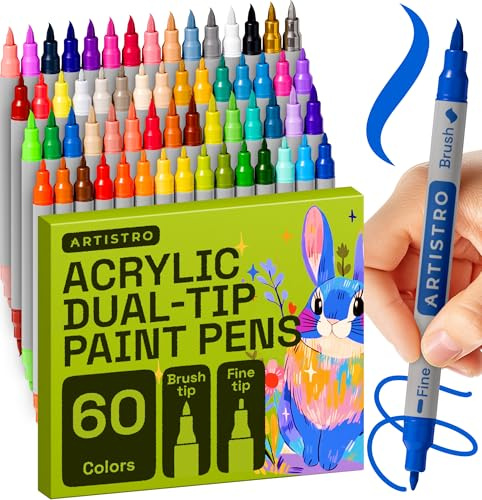 Artistro Acrylic Paint Pens, Art Set, Acrylic Paint Markers with Double Tips, Acrylic Markers for Fabric, Canvas, Stone, Glass, Wood, Paper, DIY (Double Tips + Fine, 60)