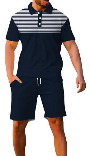 Sportanzug für Herren, Set mit Knöpfen, Reverskragen, leicht und bequem, für den Sommer, Strand, 2-teiliges Set mit Hemden und Shorts, Komfort, Dunkelblau, M
