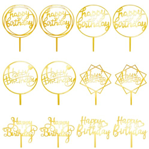 SOFPLATE 12Pcs 6 Styles Gold Happy Birthday Cake Sign Acrylic Cupcake Toppers Small Hollow Word Insert Cards Sticks Picks Sets Accessories for Party Wedding Cakes Dessert Supplies DIY Craft Decor