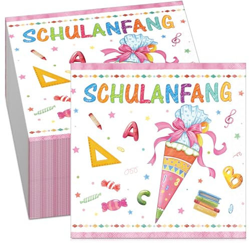 Tenare 100 Servietten Einschulung Endlich Schulkind Schulanfang Papierservietten Schuleinführung Zuckertüte Servietten Einschulung Deko für Junge Mädchen 1. Schultag Tischdeko, 33 x 33 cm(Rosa)