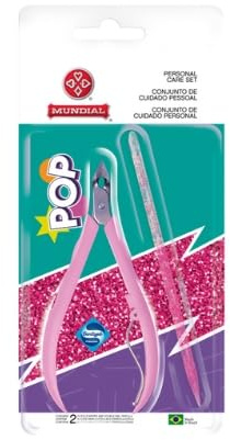 Mundial POP 751 Kit de Manucure, Pince à Ongles Rose avec Poignées Ergonomiques, Double Bâton Acrylique Pailleté