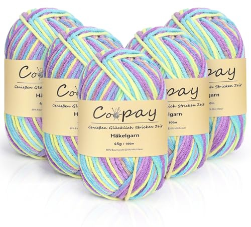 Coopay Wolle zum Häkeln, 5 x 45g Farbverlauf Häkelgarn, 5-Fädig Wolle zum Stricken, Weicher Häkelgarn Mehrfarbig, Bunt Garn zum Stricken Häkeln, Schönes Acrylgarn für Anfänger,Lila Gelb Blau | Lilagelbblau, 2,5mm dicke, 100m/knäuel, 80% Baumwolle und 20% Milchfaser, Nadelstärke 3,0-5,0mm,5fading