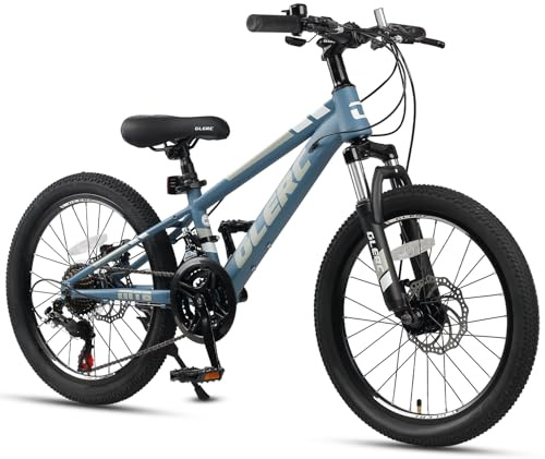 Glerc Skyline barn mountainbike för pojkar flickor, 20 tums cykel för 6 7 8 9 10 11 12 år tonåringar, 21 växlar cykel med framhjulsfjädring, blå