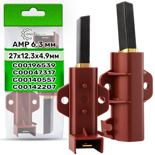 2x Configure Escobillas de Carbón para Lavadora C00047317 para Indesit | C00090612 C00140557 para Philips para Whirlpool - 27x12,3x4,9mm con AMP 6,3 mm - ONIX TECH