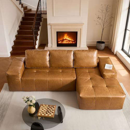 OTHILOA 115″ Modular Sectional Sofa, L-Shaped Chaise Lounge Cloud Couch with Ultra-Wide Armrests & Deep Seat, Soft Leather Boneless Couches for Living Room, No Assembly Required, Brown