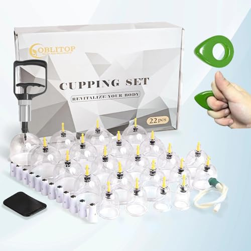 OBLITOP Schröpfgläser mit Vakuumpumpe 22 Stück, Cupping Set Größe V2.0 für Damen und Herren, Vakuumbecher für Körpermuskulatur, Rückenschmerzen, Massagering Schröpfen Set