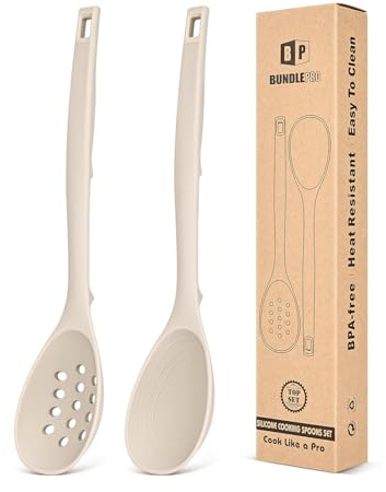Pack of 2 Silicone Cooking Spoons, Non Stick Solid Kitchen Spoon with Measuring Marks & Back Hooks, Heat Resistant Silicone Slotted Spoon for Cooking, Mixing, Stirring,Serving(KHAKI)