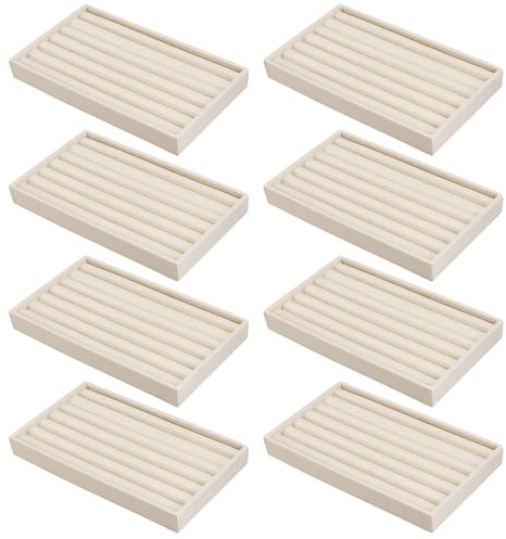 8er Set Schmucktablett Samt mit kleinen Fächern für Ohrringe & Ringe, Stapelbarer Schubladeneinsatz Schmuck,21x12.3cm Organizer für Kommoden & Schränke, Samt Display für Schmuckaufbewahrung, Beige