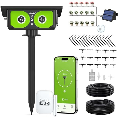 RAINPOINT Kit de Riego por Goteo WiFi Automático Solar, Nuevo Diseño de Manguera para Distribución Uniforme del Agua, Sistema de Riego por Goteo con 90 modos de temporizador, control remoto App