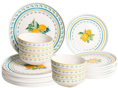 Set da 24 stoviglie piatti piani, scodelle e piatti da dessert in porcellana con motivo a limoni, finitura smaltata, bianco/verde dragoncello