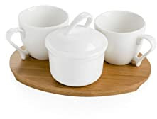 Brandani 54207 Coffee set 3 pz , 2 tazzine con zuccheriera, in porcellana bianca con vassoio bamboo