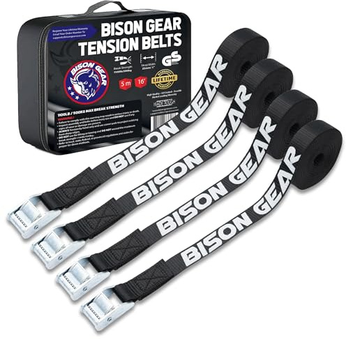 Bison Gear Premium Tie Downs - Car Roof Rack Cam Buckle Straps for Surfboard Kayak or Cargo Lashing, 16ft 5m Long, 1in 25mm Wide, Heavy Duty (4 Pack, Black)