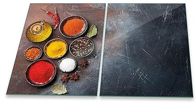 Herdabdeckplatte Abdeckung Ceranfeld Abdeckplatte Schneidebrett 2-Teilig 80x52 Gewürze Mehrfarbig Spritzschutz Glasplatte Ceranfeldabdeckung Schutz Herdschutz Sicherheitsglas Glasschneidebrett 2x40x52