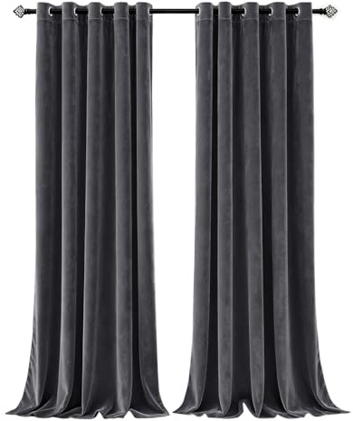 Imperial Rooms Crushed Velvet Curtains 90x90 Inch Charcoal Blackout Curtains for living room Super Soft Privacy Protection & Thermal Curtain 2 Panel with Matching Tiebacks