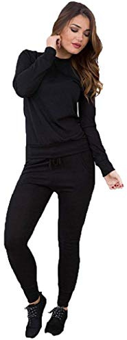 Womens Long Sleeve Loungewear Ladies Two Piece Co ord Set Tracksuit (20-22, Black)