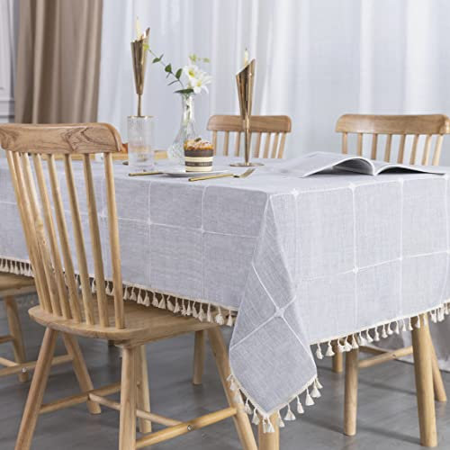 SUNBEAUTY Tischdecke Leinen Grau Abwaschbar Baumwolle Rechteckig Tischwäsche Tischtuch Elegant 140x220 Tafeldecke mit Tischdecke Quaste für Home Küche Speisetisch Dekoration