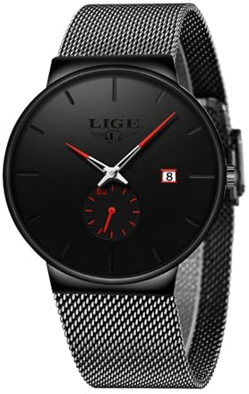 LIGE Armbanduhr Herren Retro Armband Edelstahl wasserdichte Vintage Analog Uhr Herren Quarz Datum Business Casual Minimalistisch Watches for Men Männer,Rot Schwarz