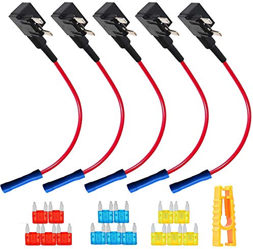 QitinDasen 5Pcs Premium 12V / 24V ACS Kleiner Add-a-Circuit Sicherungshalter, Klinge Sicherungshalter, KFZ Sicherung Tap, Flachsicherungsadapter mit 15Pcs Mini Blade Sicherung