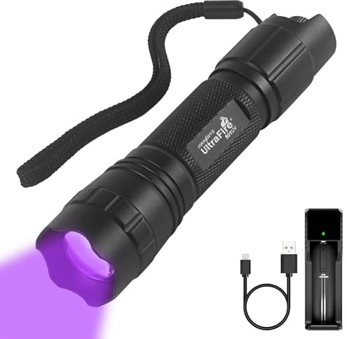 UltraFire UV Taschenlampe 395-405 nm Schwarzlicht LED Taschenlampe, Zoomable UV Licht, Stufenlose Dimmung UV Lampen, Ultraviolettes Licht für Aushärten von Harzen, Leckortung, Haustier-Urinflecken