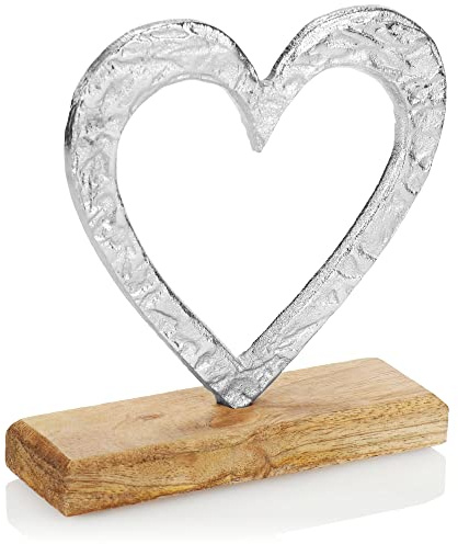 com-four® Deko Metall Herz auf Mangoholz-Sockel, dekorativer Aufsteller | stilvolle Metall-Standfigur - modernes Wohnaccessoire