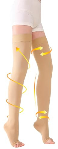 TOFLY® Oberschenkelhohe Kompressionsstrümpfe für Damen und Herren (Paar), offene Zehenpartie, blickdicht, feste Unterstützung, 20-30 mmHg, abgestufte Kompression mit Silikonband, Ödeme, DVT Beige 3XL | Abgestufter Kompressionsschlauch für Krampfadern, Ödeme, DVT, lange Flüge, Silikon-Punktband, medizinischer Komfort