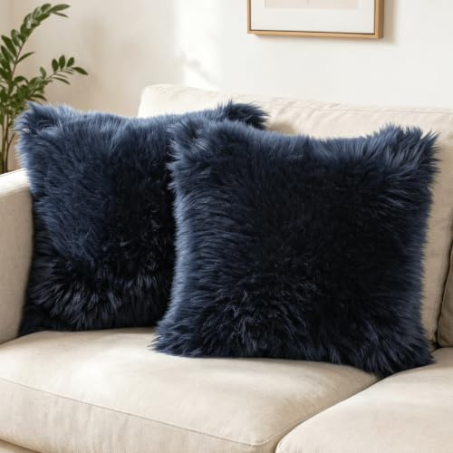 OYIMUA 2 Pcs Weicher Zierkissenbezüge Deko Kissen Schaffell Lammfell Kunstfell Langhaar Zierkissen Kissenbezug Fellimitat Sofakissen Cuddly Kissen (Navy blau, 50 x 50 cm)