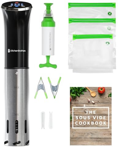 KitchenBrothers Sous Vide - Roner Cocina Baja Temperatura - Electrodomesticos y Accesorios de Cocina - Completo con Libro - 0 a 95℃, Ajustable en 0,2℃ - 1200W (Negro con accesorios)
