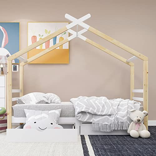 BTM Hausbett Spielbett, Vielseitiges Kiefernholz Kinderbett Spielbett für Jungen & Mädchen - Massivholz Kinder Bett mit Lattenrost (90 x 200cm mit Schubladen, Weiß B)
