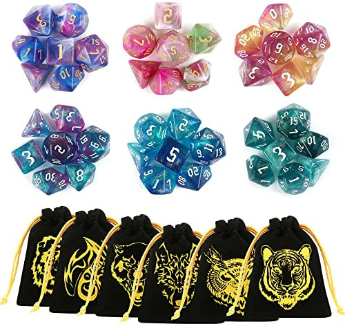 Moncolis 6x7(42 Stück) Polyedrische Würfel Set Glitzer Spielwürfel mit Doppel-Farben für Dungeons and Dragons DND RPG MTG TischSpiele D20 D12 D10 D8 D6 D4 mit 6 Samtbeuteln