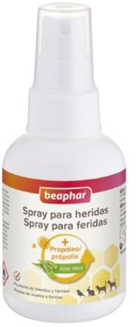 Beaphar Spray para Heridas, Perro, Gato, Conejos, pájaros, Ingredientes Naturales, Miel, Aloe Vera, Cúrcuma, Calma, Protege, hidrata, nutre y repara, 75 ml