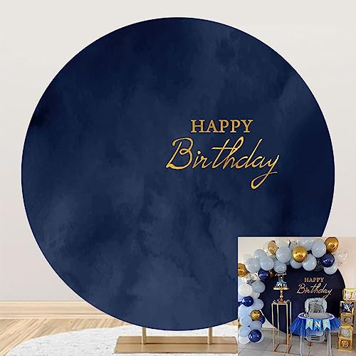 Aoihrraan 200cm Diametro Felice Compleanno Rotondo SfondoScuro blu navy blu astratto acquerello fotografia sfondobambini compleanno festa arredamento forniture bambino adulti ritratto foto prop