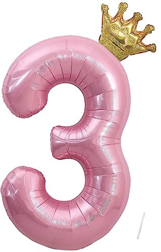 VUCDXOP Foil Palloncini Numeri 3, 101 CM Rosa Palloncini Compleanno 3 con Corona, Numeri Gonfiabili Compleanno Gonfiabili Pallone per Anniversario, Decorazione Feste di Compleanno Palloncino