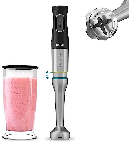 Cecotec Katana TotalDestroy 1200XL GY. Mixeur plongeant, 1200 W, 21 vitesses et Turbo, 4 lames en titane noir, Protection contre les éclaboussures, Pied extra-long, gobelet de 800 ml