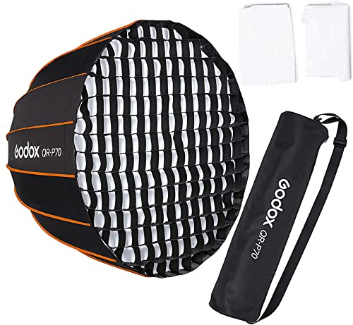 Godox QR-P70 Bowens Mount Boîte à lumière parabolique, montage rapide, pliable, avec grille diffuseur avant et intérieure et sac de transport pour studio photo, portrait, enregistrement vidéo