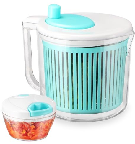 Salad Spinner with Chopper Set，2.5Qt Lettuce Spinner with Built-in Colander and Measuring Cup Bowl，Small Plastic Fruit Cleaner Pasta Dryer Herb Cleaner，Single Serve Quick Veggie Prepping Set
